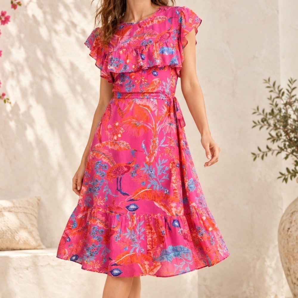 Banjanan Pink Silk Tropical Bird Print Ruffle Midi Dress S Flutter Sleeve CR3
